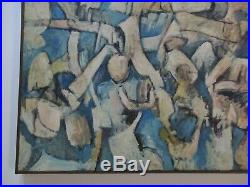 Large Vintage Blue Cubist Cubism Painting Abstract Expressionism 1960's Modern