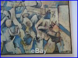 Large Vintage Blue Cubist Cubism Painting Abstract Expressionism 1960's Modern