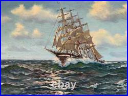Large Vintage Framed Oil painting on Canvas, Sailing ship in the ocean, Signed