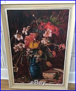 Large Vintage MID Century Oil On Canvas Expressive Large Floral Painting Signed