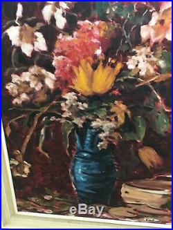 Large Vintage MID Century Oil On Canvas Expressive Large Floral Painting Signed