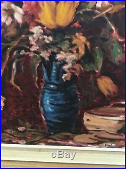 Large Vintage MID Century Oil On Canvas Expressive Large Floral Painting Signed