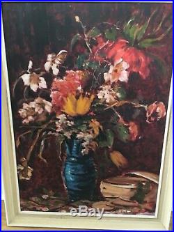 Large Vintage MID Century Oil On Canvas Expressive Large Floral Painting Signed