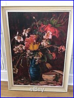 Large Vintage MID Century Oil On Canvas Expressive Large Floral Painting Signed