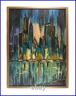Large Vintage Mid Century Abstract Modern Art Oil Painting Cityscape Skyline