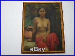 Large Vintage Nude Painting Bali Tropical Female Woman Model Outdoor Pot Soroso