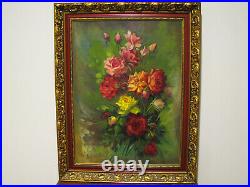 Large Vintage Oil On Canvas Painting Of Roses Signed