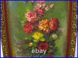 Large Vintage Oil On Canvas Painting Of Roses Signed