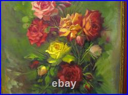 Large Vintage Oil On Canvas Painting Of Roses Signed