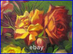 Large Vintage Oil On Canvas Painting Of Roses Signed