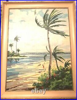 Large Vintage Paint By Number Painting 27x21 Florida Beach Sunbathers Palm Trees