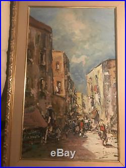 Large Vintage T Bezio European Street Market Scene Oil Painting -Signed/Framed