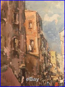 Large Vintage T Bezio European Street Market Scene Oil Painting -Signed/Framed