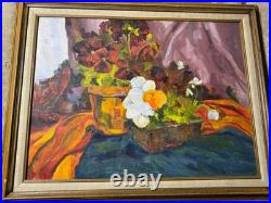 Large Vintage Tabletop Still Life Scene Oil Painting Framed