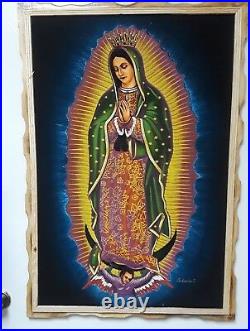 Large Virgen De Guadalupe Velvet Painting, Mexico, 38.5 By 26.5, Signed