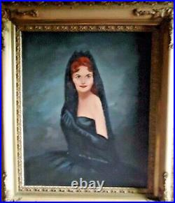 Large Vtg Framed Original Painting Oil On Canvas Portrait of a Lady Puckett MCM