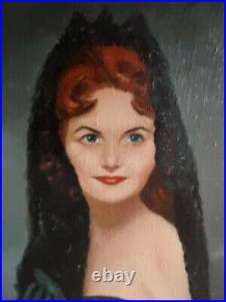 Large Vtg Framed Original Painting Oil On Canvas Portrait of a Lady Puckett MCM