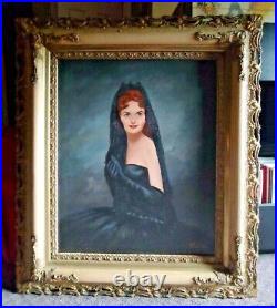 Large Vtg Framed Original Painting Oil On Canvas Portrait of a Lady Puckett MCM