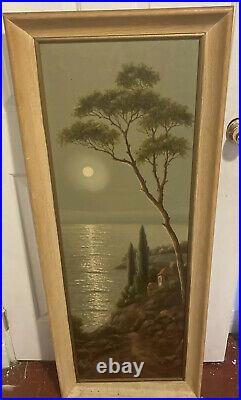 Large antique landscape oil painting dusk signed vintage