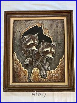 Large vtg Walcott original oil painting wildlife Fox in Tree Hole signed framed