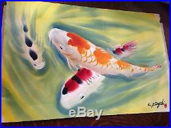 Lewis Suzuki Original Signed Vintage California Watercolor Painting Koi Fish