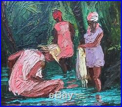 Listed Haitian Artist Andre Labbe Vintage 1975 Figural Genre Oil Painting