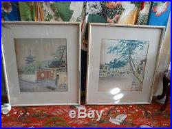 Lovely Pair of Asian Watercolor Paintings Vintage Village Scenes Artist Signed