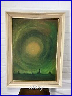 Lrg Oil On Canvas Mid Century Modernist Signed Skyline 1970s Vintage Antique