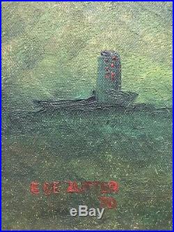 Lrg Oil On Canvas Mid Century Modernist Signed Skyline 1970s Vintage Antique