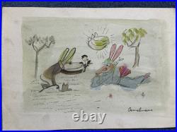 Ludwig Bemelmans drawing and painting on old paper signed stamped vintage