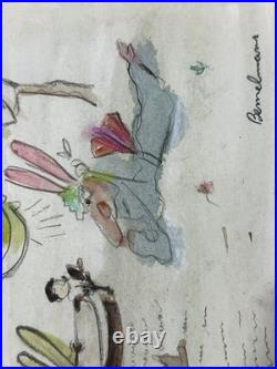 Ludwig Bemelmans drawing and painting on old paper signed stamped vintage