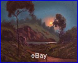 MAX COLE original oil painting landscape signed antique vintage moon blue art 75