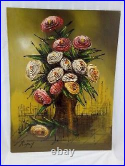MCM Painting Large Atomic Floral Impasto VTG 60'S signed Roget 30x40 Masonite