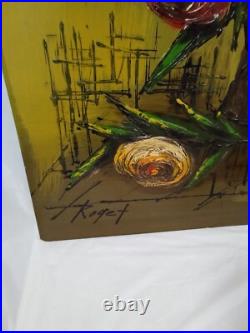 MCM Painting Large Atomic Floral Impasto VTG 60'S signed Roget 30x40 Masonite