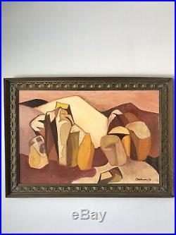 MID Century Modern Abstract Oil Painting Signed 1963 Vintage Cubism