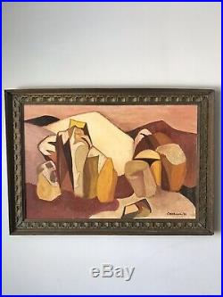 MID Century Modern Abstract Oil Painting Signed 1963 Vintage Cubism