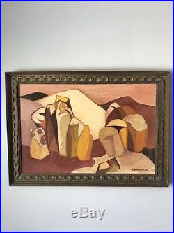 MID Century Modern Abstract Oil Painting Signed 1963 Vintage Cubism