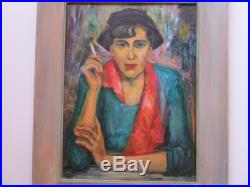 MID Century Painting Smoking Lady Female Self Portrait Signed Chapman Vintage
