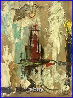 MYSTERY ARTIST Signed Vintage Mid Century Abstract Cityscape American Oil