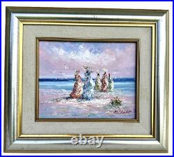 Marie Charlot Signed Oil Painting Elegant Women at Beach- Vtg Mid-Century Art