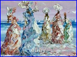 Marie Charlot Signed Oil Painting Elegant Women at Beach- Vtg Mid-Century Art