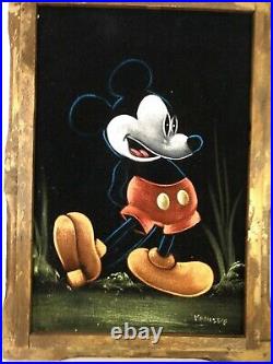 Mickey Mouse Vintage Black Velvet Painting Made in Mexico Signed Black Light