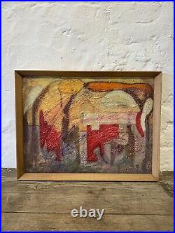 Mid Century Abstract Oil On Board Painting Vintage Antique 1960s Signed Art