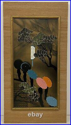 Mid Century Geisha Silkscreen Signed Japanese Vintage Bonsai Tree Painting Pair