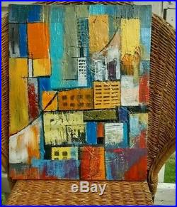 Mid Century Modern Abstract Style Cityscape Painting Vintage Canvas signed