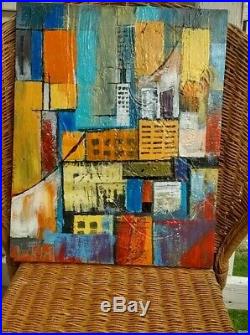 Mid Century Modern Abstract Style Cityscape Painting Vintage Canvas signed