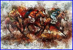 Mid Century Modern original oil painting vintage abstract horse race signed