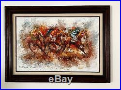 Mid Century Modern original oil painting vintage abstract horse race signed