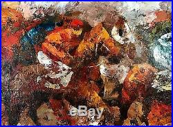 Mid Century Modern original oil painting vintage abstract horse race signed