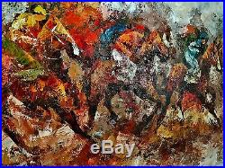 Mid Century Modern original oil painting vintage abstract horse race signed